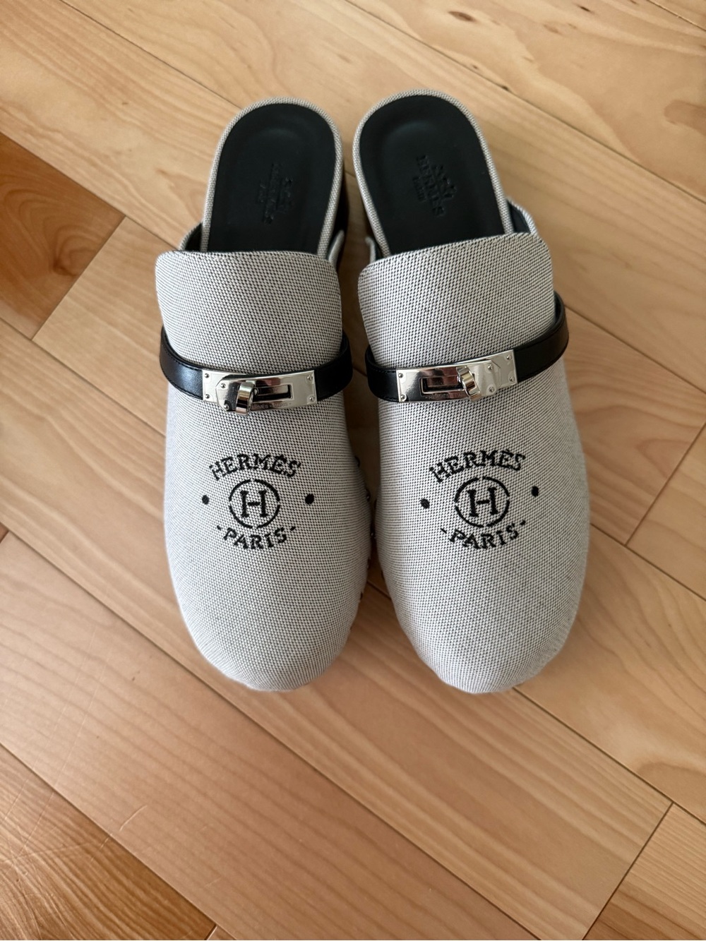 Hermes Beige Canvas Mules with Black Strap and Silver Hardware - Picture 1 of 2